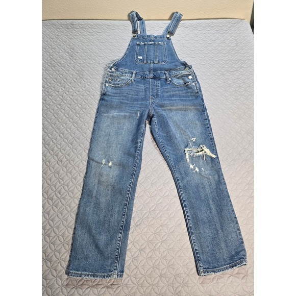 Lucky Brand Distressed Denim Overalls Medium Wash Ripped Straight Leg Blue - Picture 5 of 13